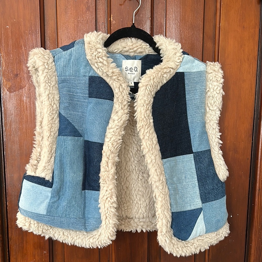 Sea New York Patchwork Quilt Denim Shearling Vest